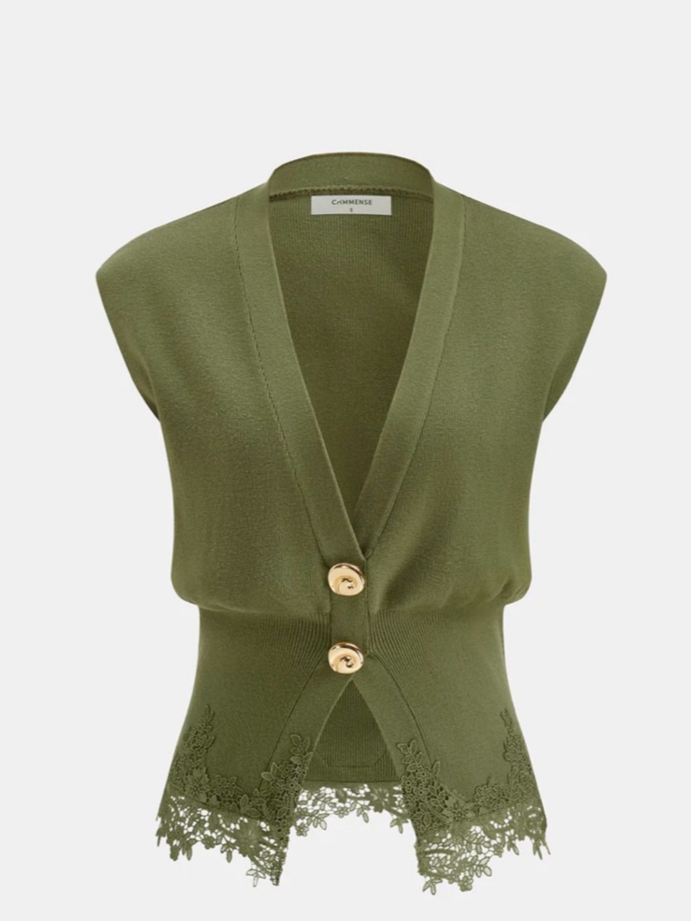 Commense Olive Green Knit Lace-Trim Sleeveless Cardigan